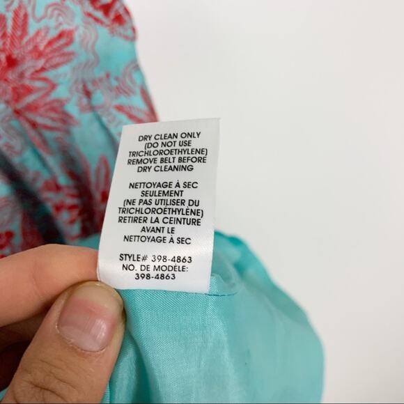 Nanette Lepore Teal & Red 100% Silk Peplum Waist Palm Print Dress Size 4 - Picture 12 of 13